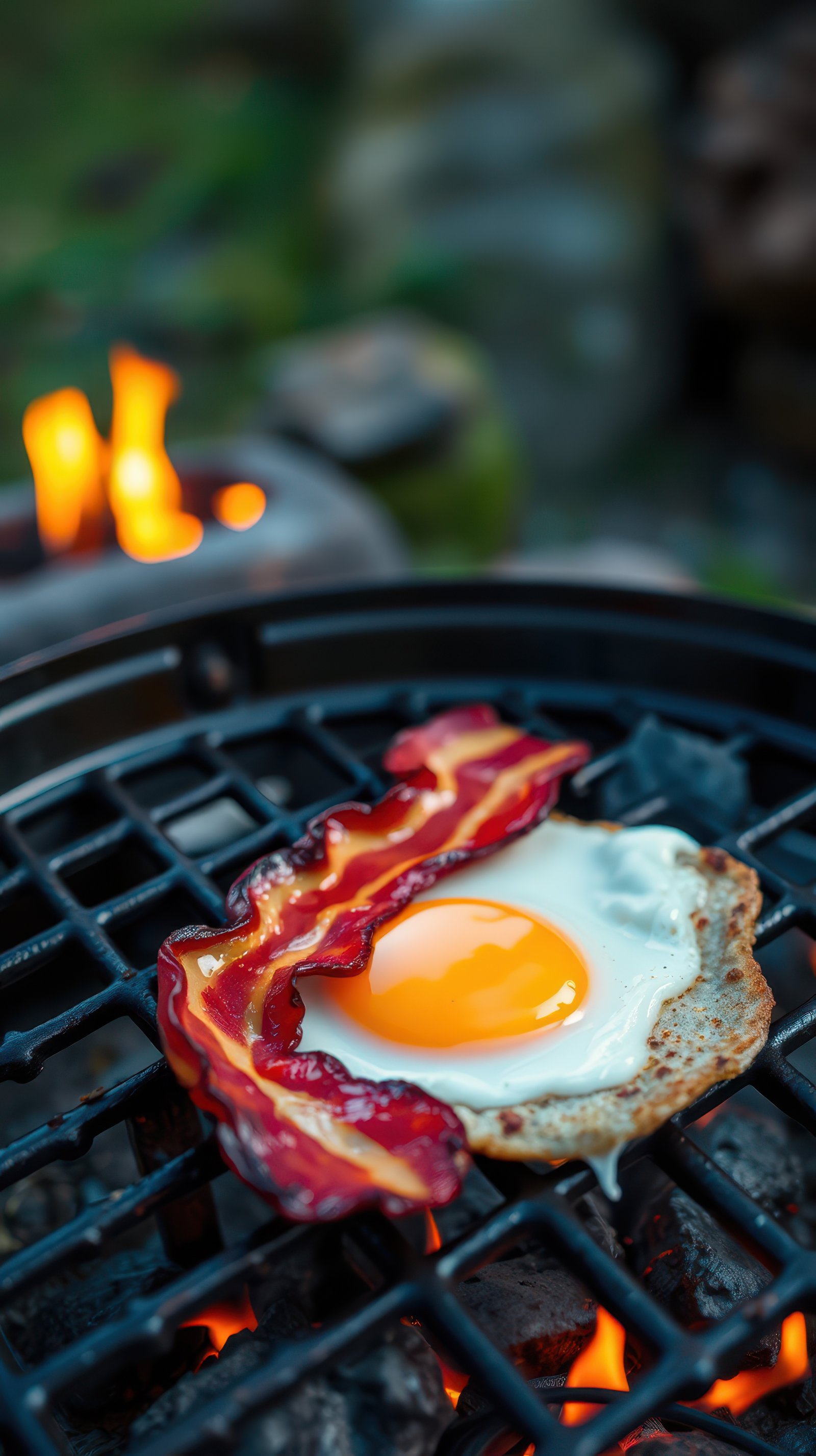 Cooking bacon and eggs on a grill beside a cozy fire under the evening sky